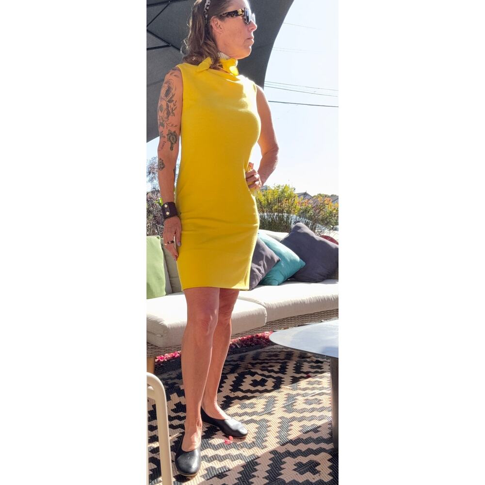 Vintage 60s Mr Mort Bonwit Teller Mod Knit Dress Yellow Cowl Neck Sheath S